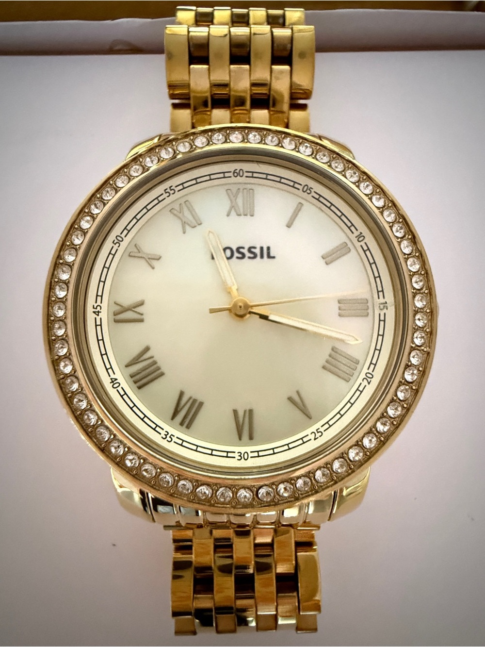Fossil Emma Gold-Tone Glitz Stainless Steel Watch ES3113 with Crystal Bezel